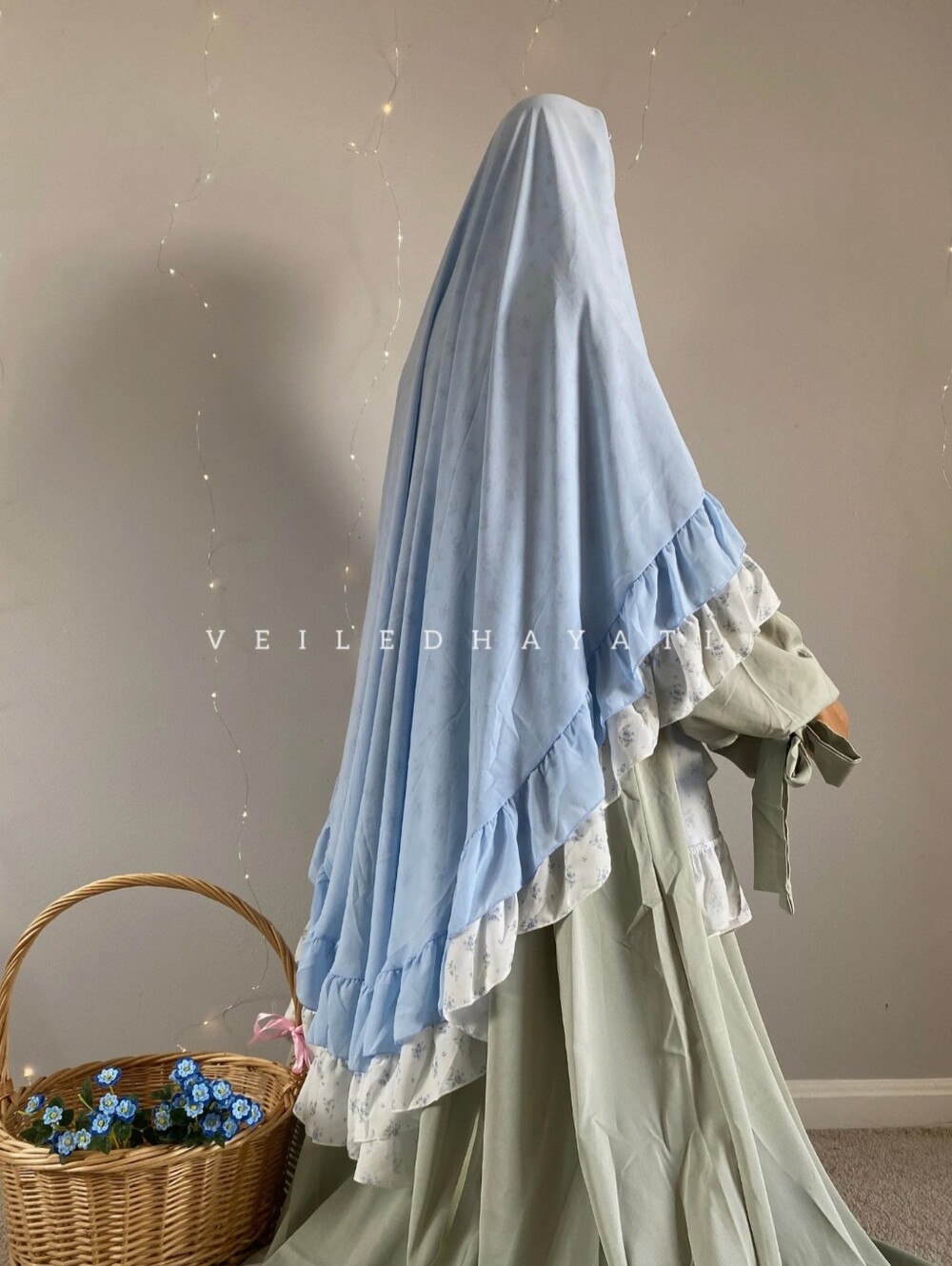 Light Blue Women's Khimar with Floral Ruffle Trim